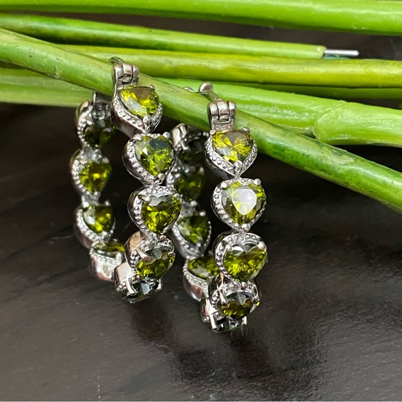 Stainless Steel Simulated Diamond Avocado Green Peridot Inside Out Hoop Earrings - Picture 9 of 15
